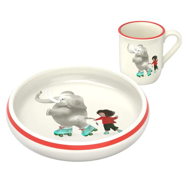 kuhn-rikon-kindergeschirr-elefant-2er-set-teller-tasse-keramik-handbemalt image 1