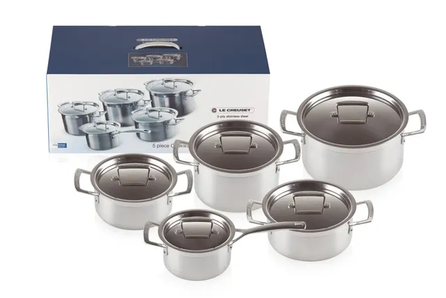 le-creuset-3-ply-edelstahl-topfset-5-teilig-mit-deckel-silber-induktion image 1