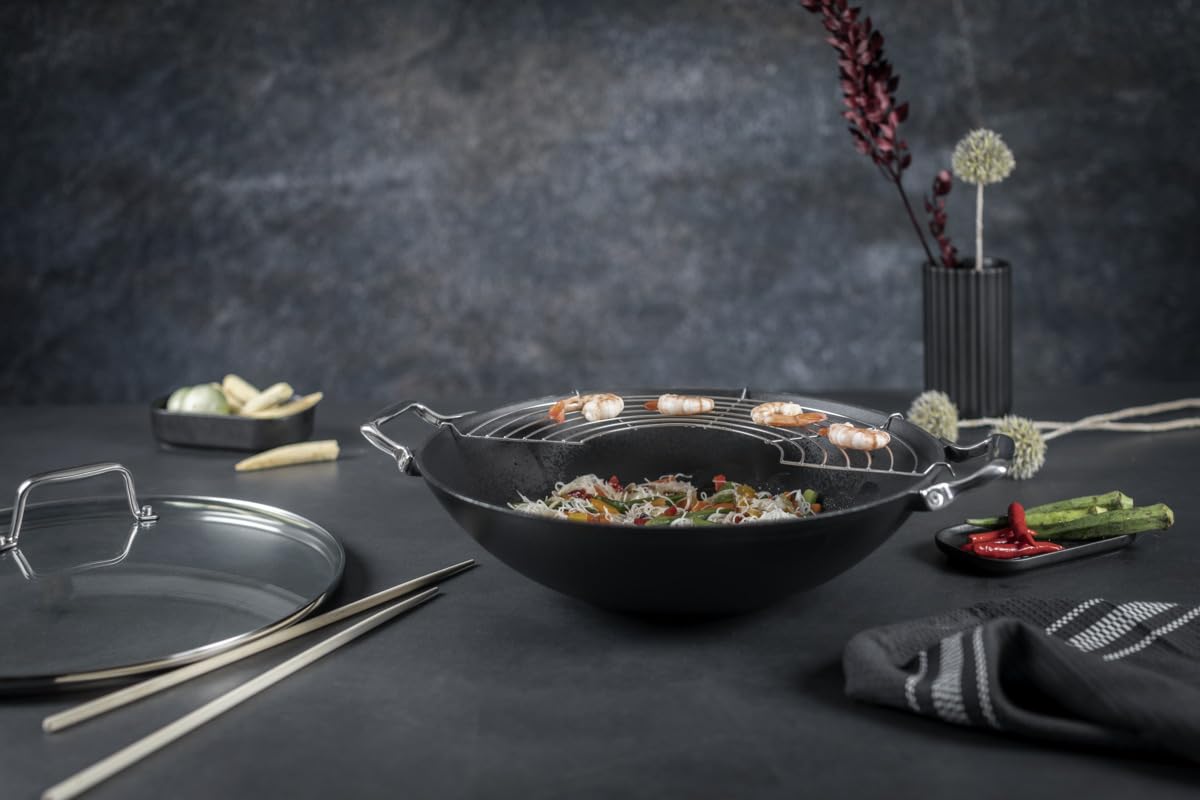 kuhn-rikon-jampur-gusseisen-wok-36-cm-mit-glasdeckel-tempura-grill-und-holzst-bc image 5